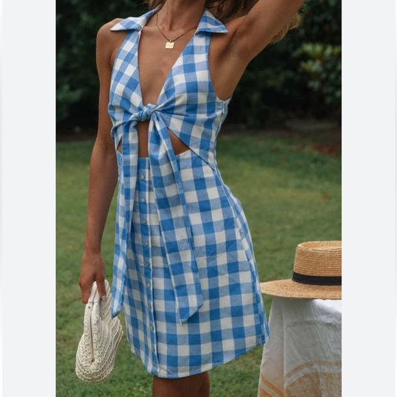 New Blue Gingham Checkered Blue White Sleeveless Halter Mini Dress Women’s - Picture 1 of 3